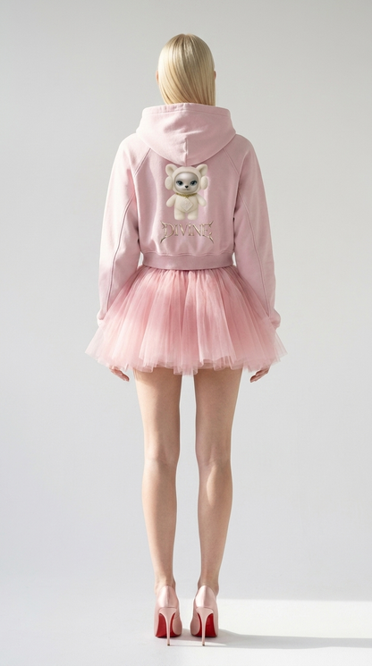 Divine Crop Hoodie in Light Pink — styled