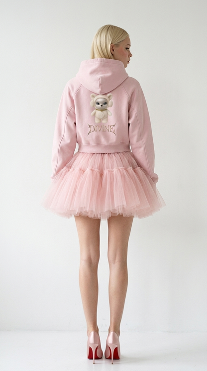 Divine Crop Hoodie in Light Pink — back, showing the Divine fox print