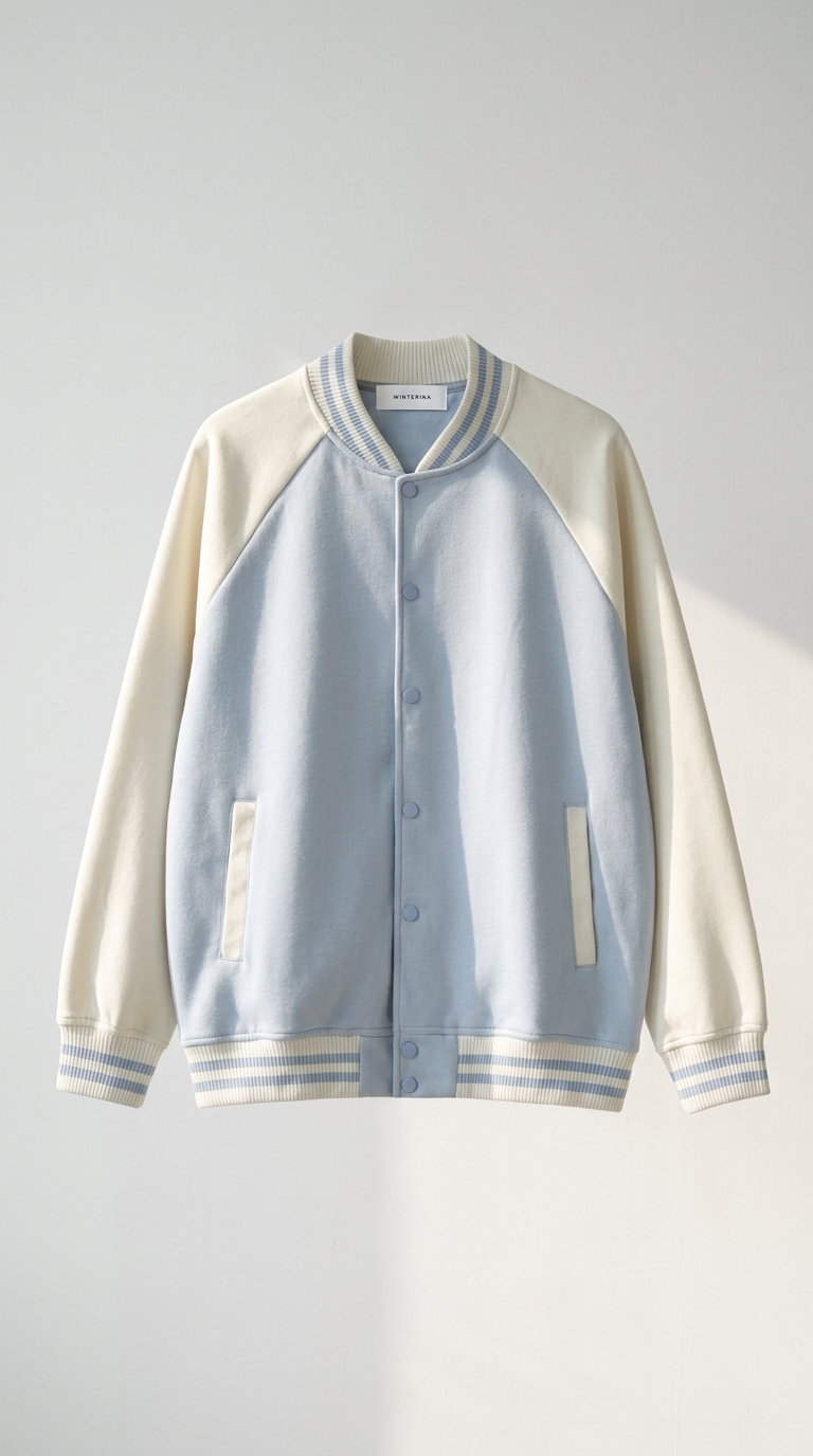 Winty Frost Varsity Jacket in Blue — front, studio