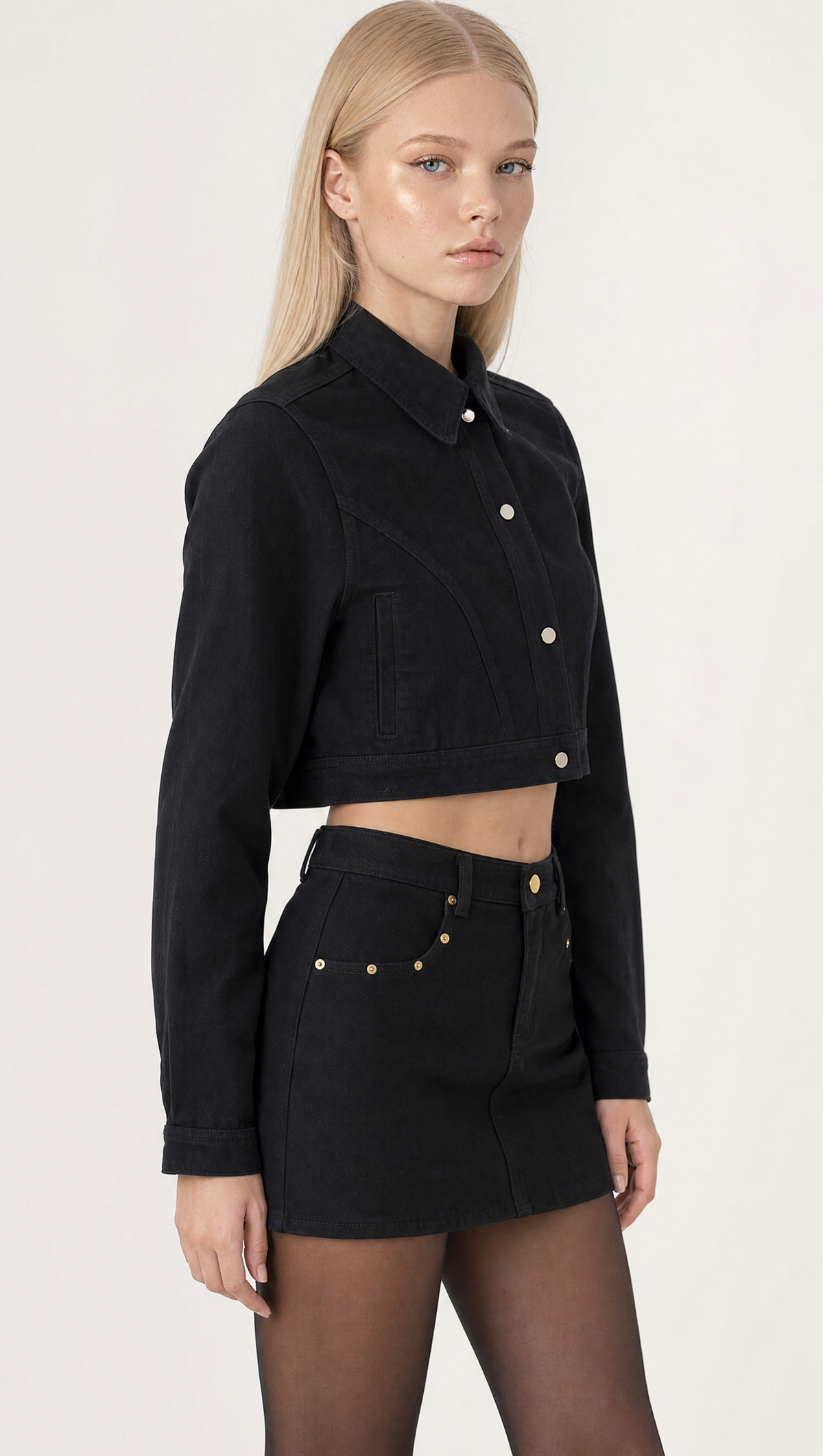 The Baddie Denim Jacket, model side