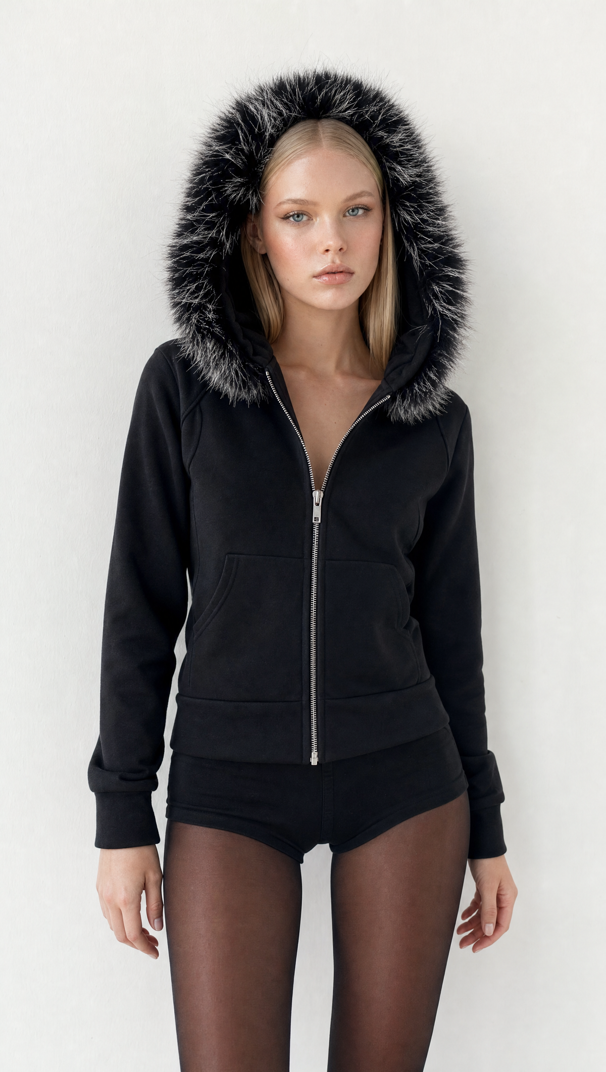 The Baddie Fur Hoodie, model front