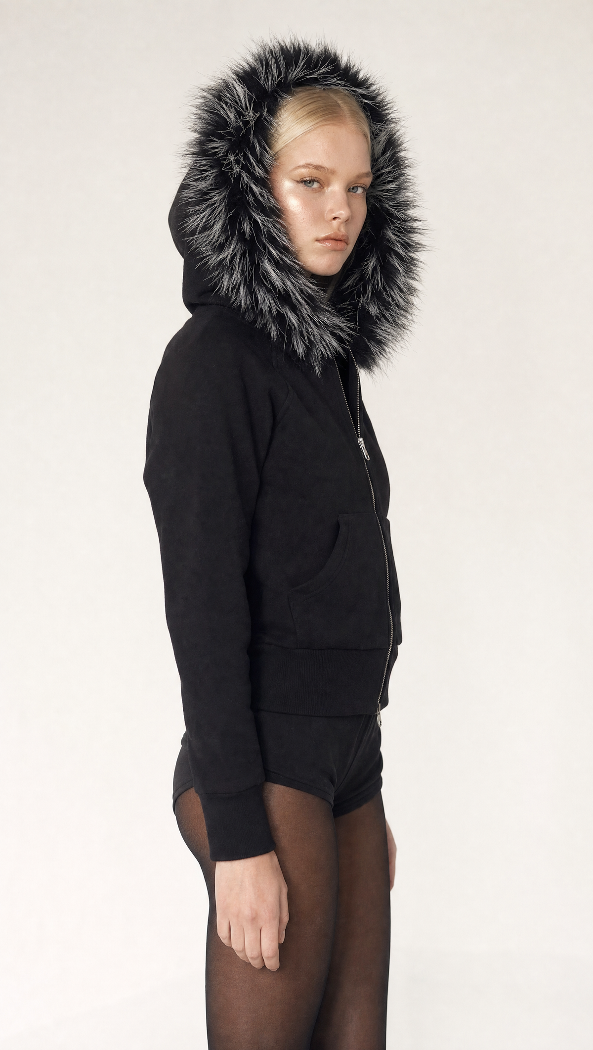 The Baddie Fur Hoodie, model side