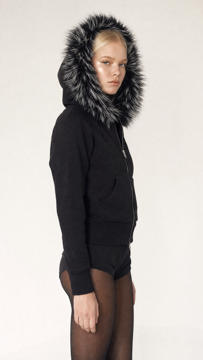 The Baddie Fur Hoodie, model side
