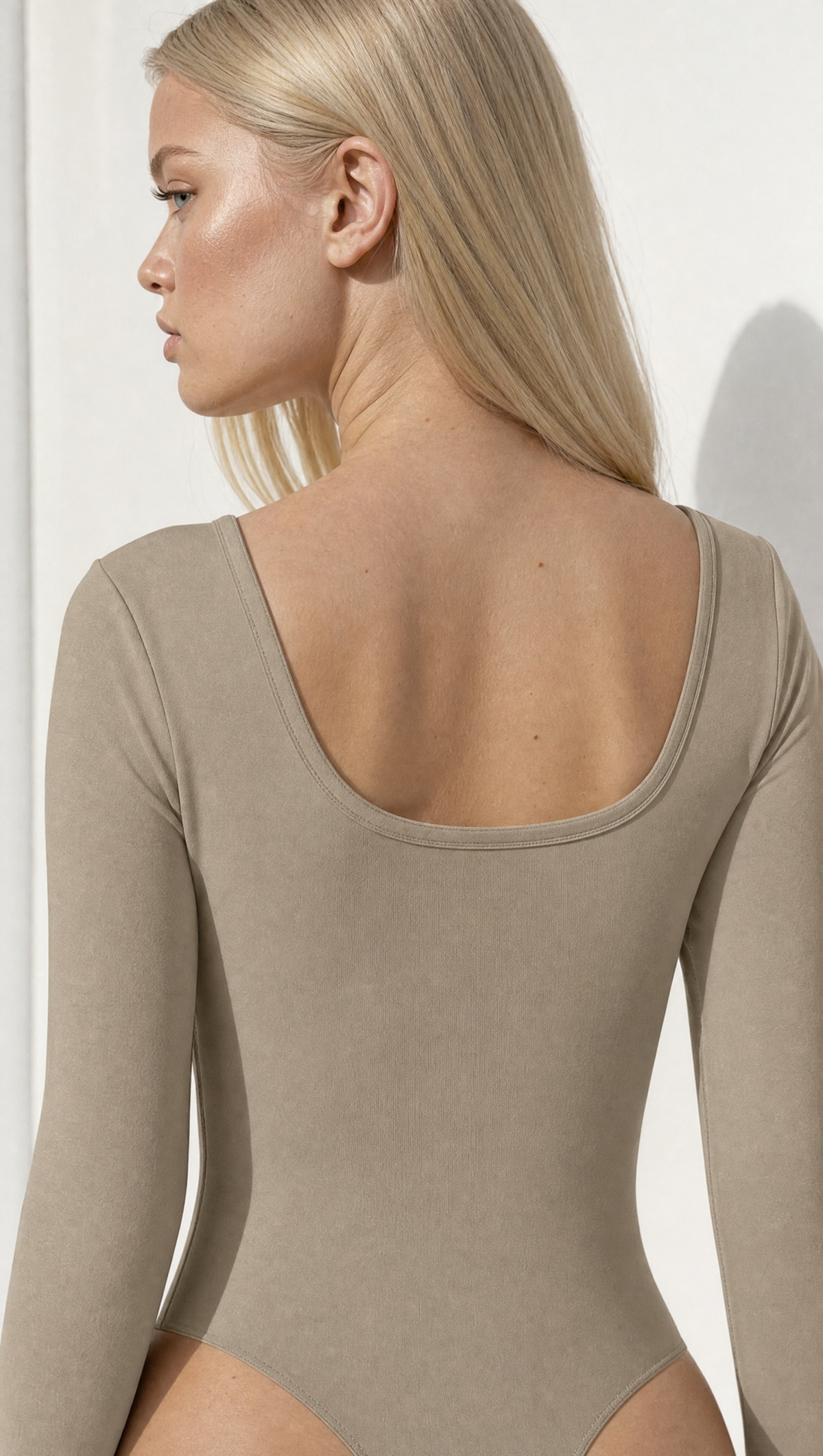 The Long Sleeve Bodysuit in Beige, model back