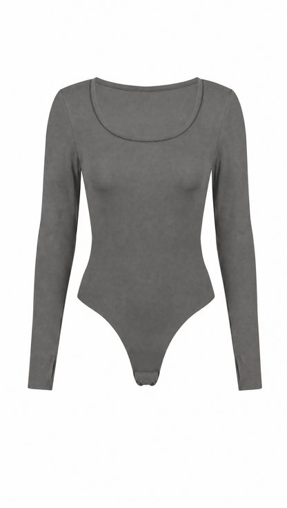 The Long Sleeve Bodysuit in Grey, model front