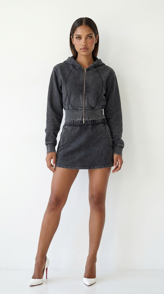 Mineral Wash Mini Skirt — styled with the Glacier Jacket