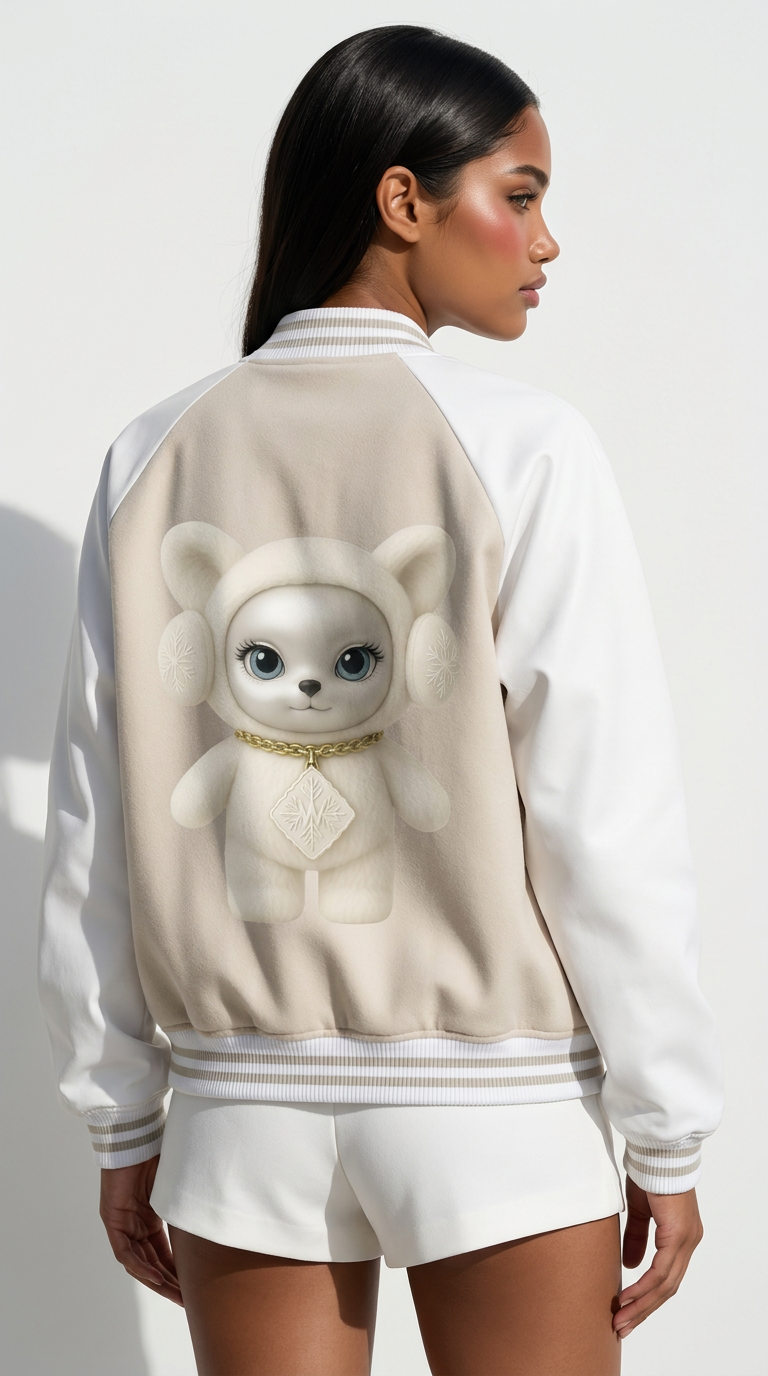 Winty Frost Varsity Jacket in Beige — back, studio