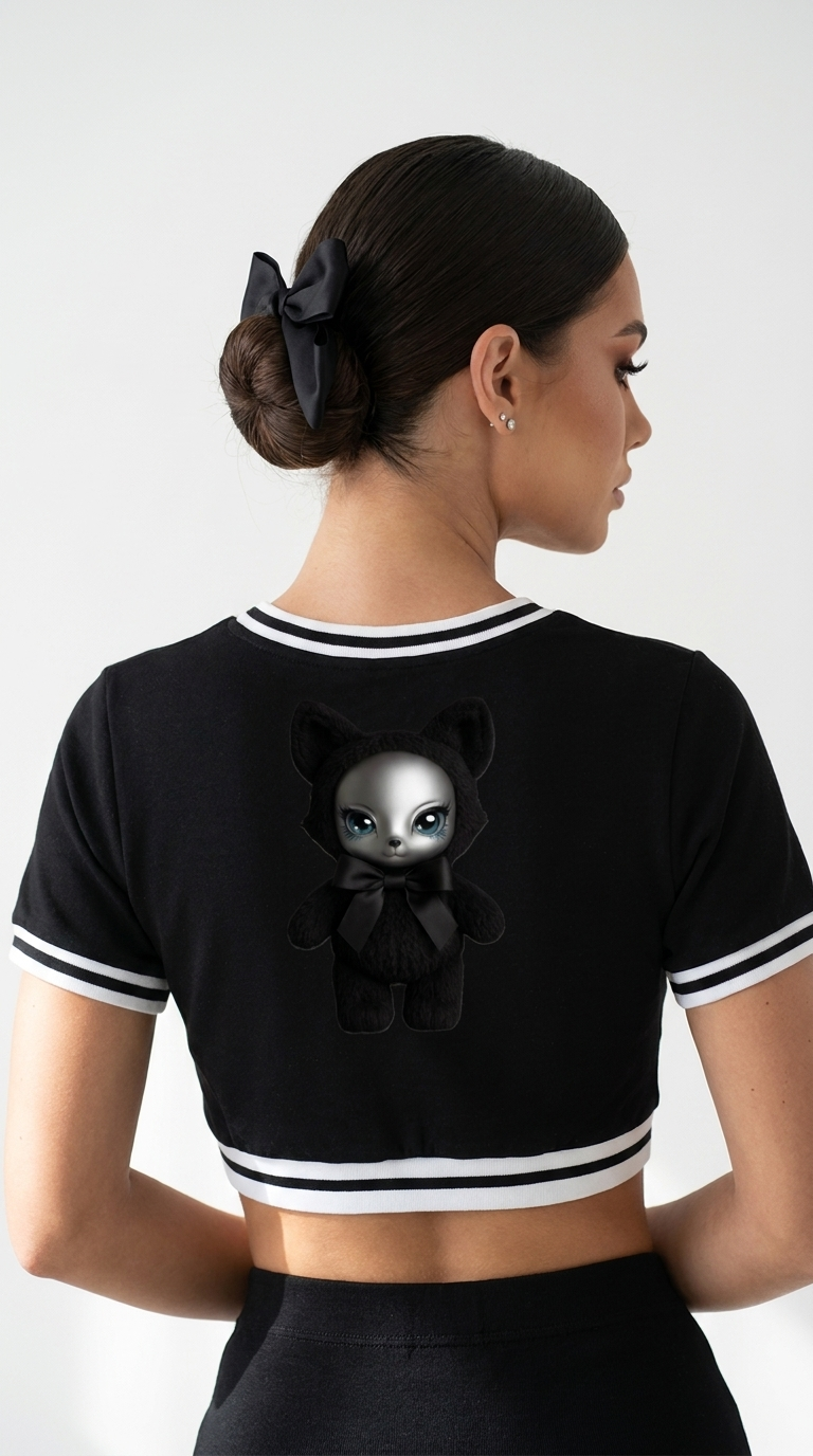 Baddie Crop Top Tee in Black — back, worn