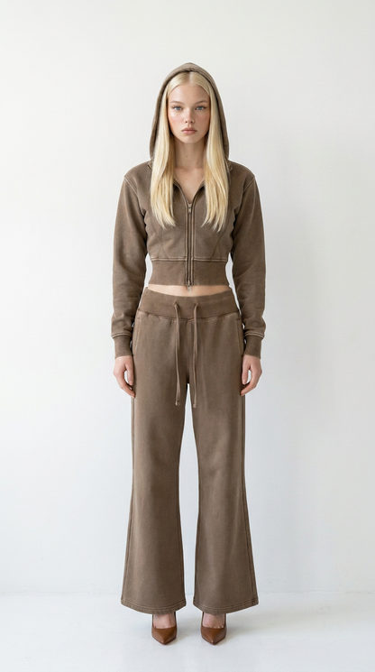 Glacier Pants in Coffee — worn full length, styled with the Glacier Hoodie
