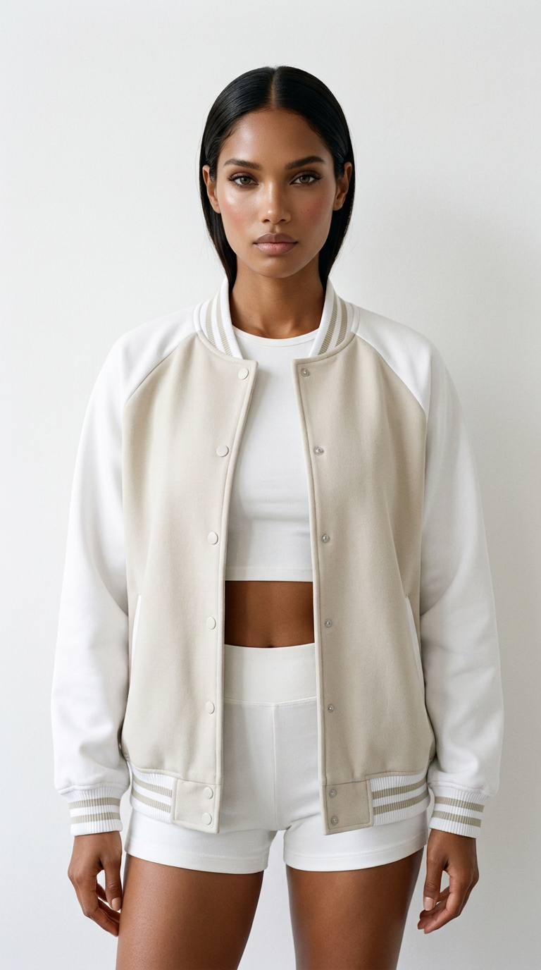 Winty Frost Varsity Jacket in Beige — front, studio