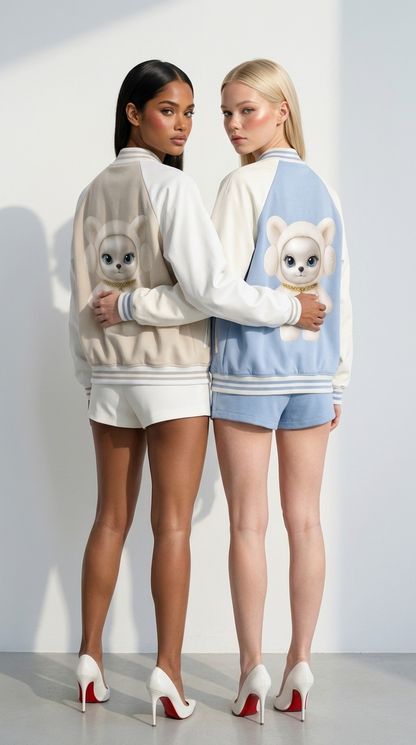 Winty Frost Varsity Jacket — Blue and Beige together
