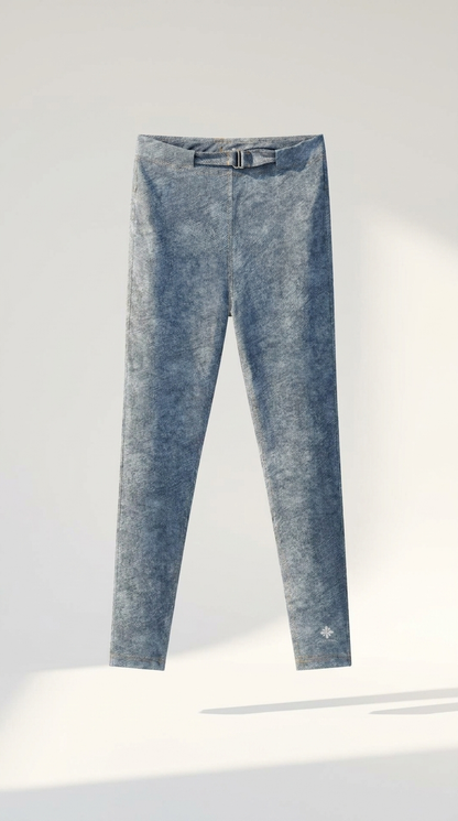 Faux Denim Zip-Fly Leggings in Light Blue — front
