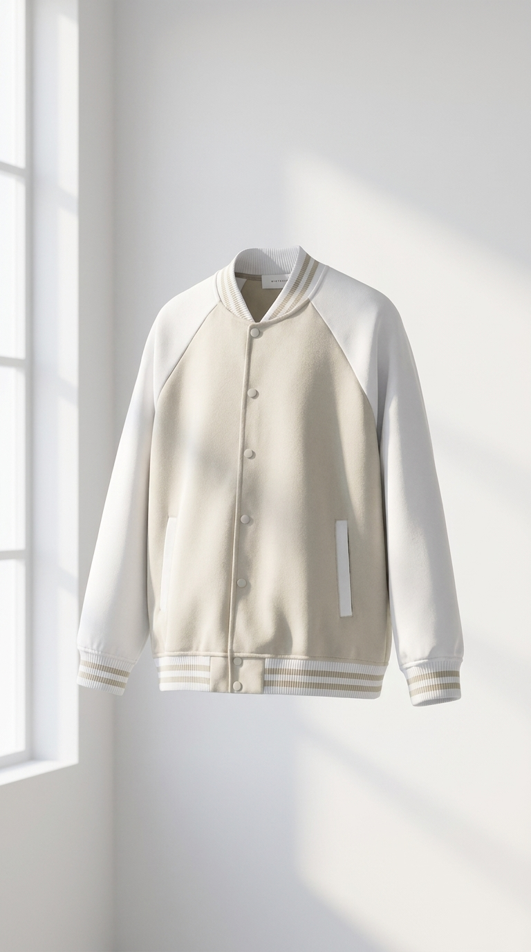Winty Frost Varsity Jacket in Beige — front