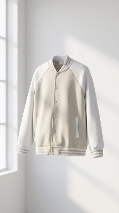 Winty Frost Varsity Jacket in Beige — front