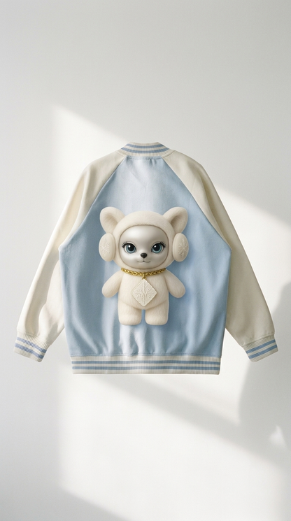 Winty Frost Varsity Jacket in Blue — worn